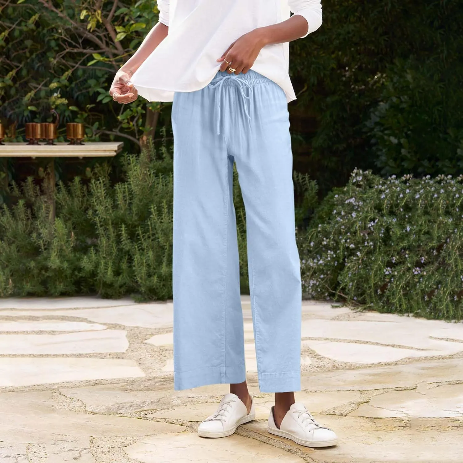 Cropped Wide Leg Linen Pants Women Summer Comfy Baggy High Waisted Casaul Flowy Beach Pants Trousers with Pockets