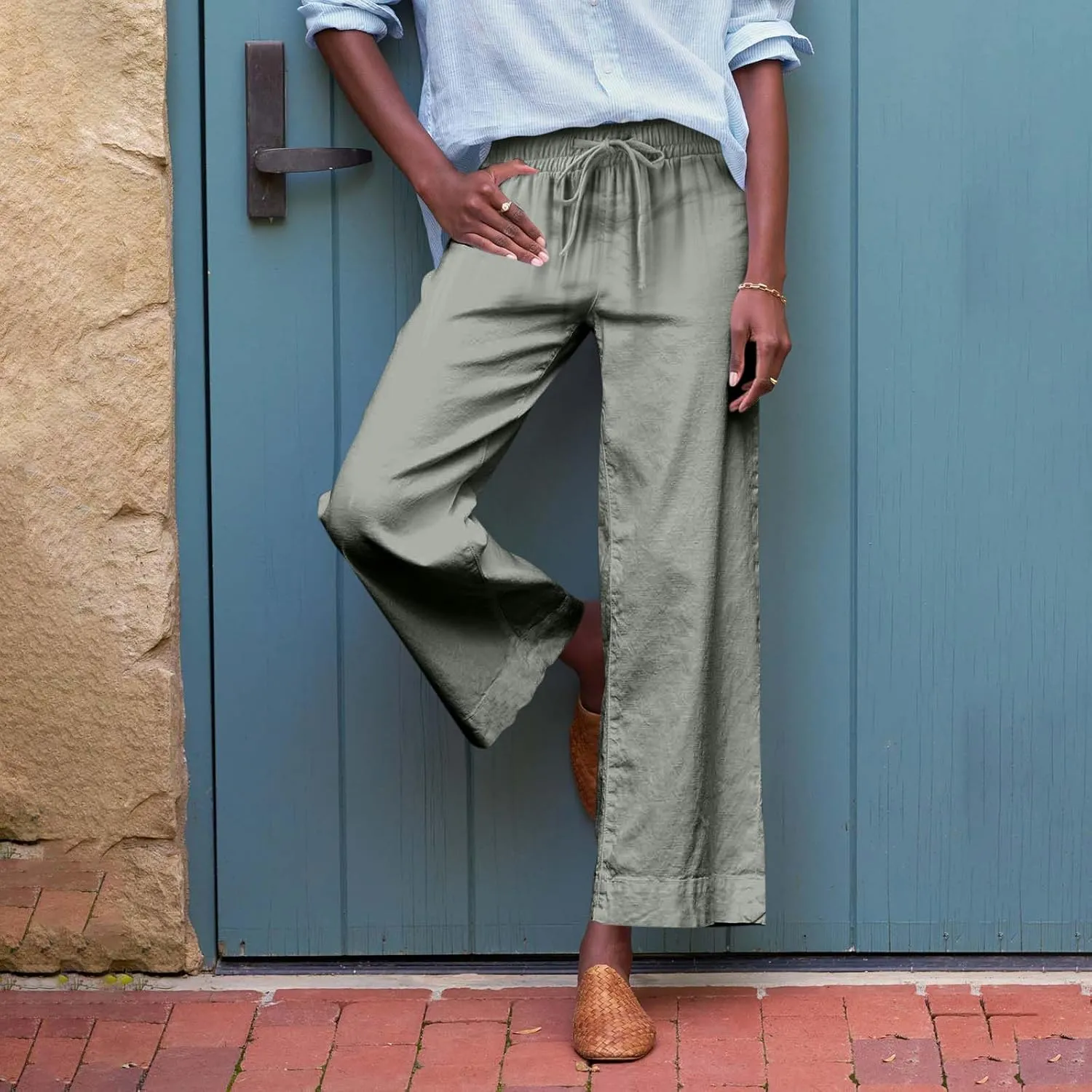 Cropped Wide Leg Linen Pants Women Summer Comfy Baggy High Waisted Casaul Flowy Beach Pants Trousers with Pockets
