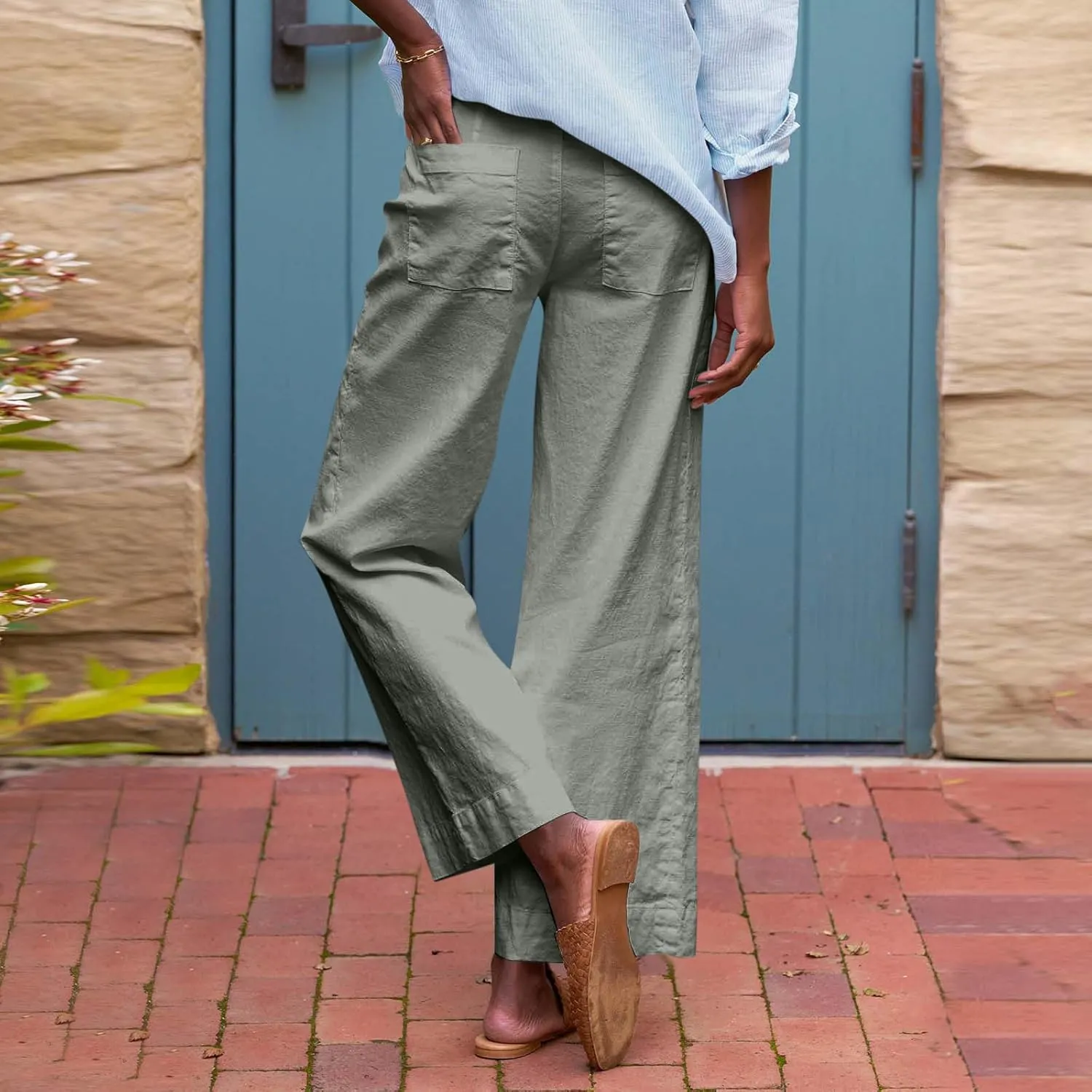 Cropped Wide Leg Linen Pants Women Summer Comfy Baggy High Waisted Casaul Flowy Beach Pants Trousers with Pockets