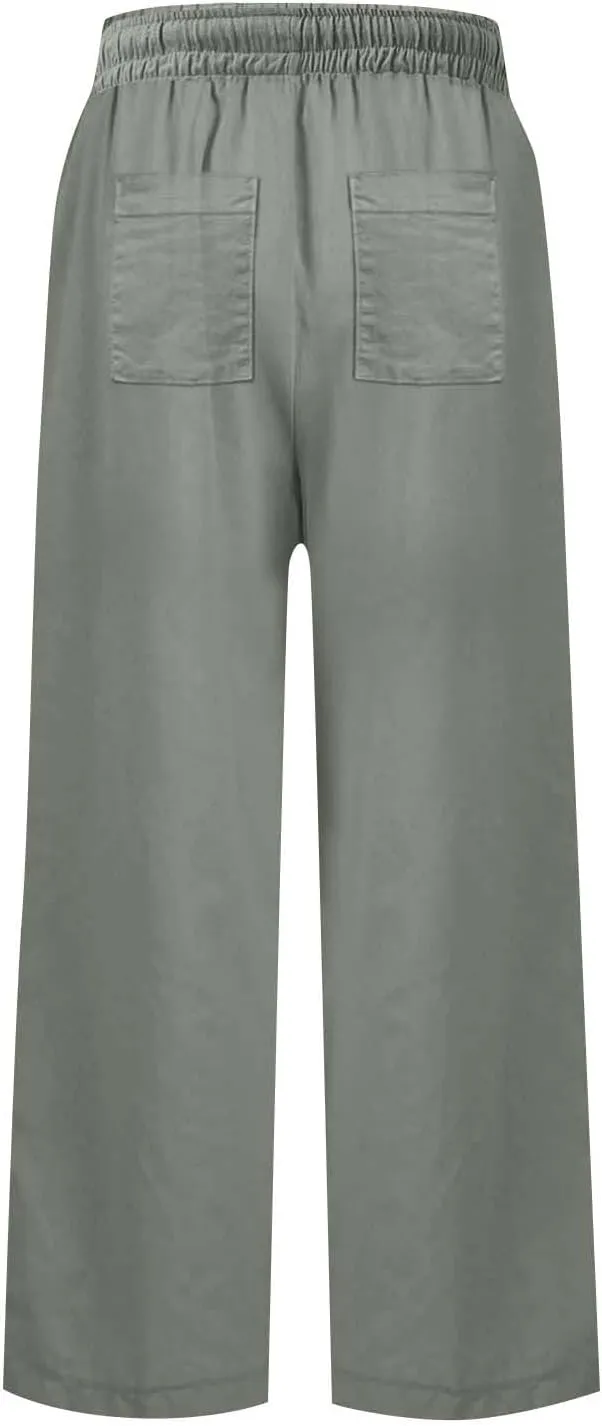 Cropped Wide Leg Linen Pants Women Summer Comfy Baggy High Waisted Casaul Flowy Beach Pants Trousers with Pockets