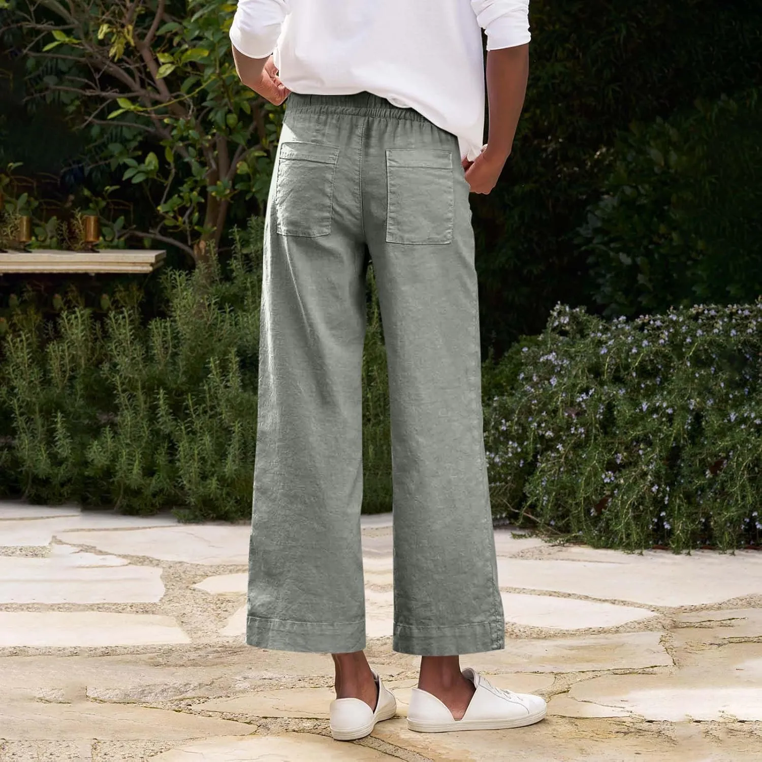 Cropped Wide Leg Linen Pants Women Summer Comfy Baggy High Waisted Casaul Flowy Beach Pants Trousers with Pockets