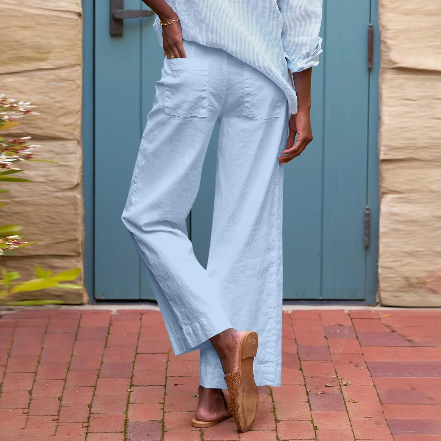 Cropped Wide Leg Linen Pants Women Summer Comfy Baggy High Waisted Casaul Flowy Beach Pants Trousers with Pockets