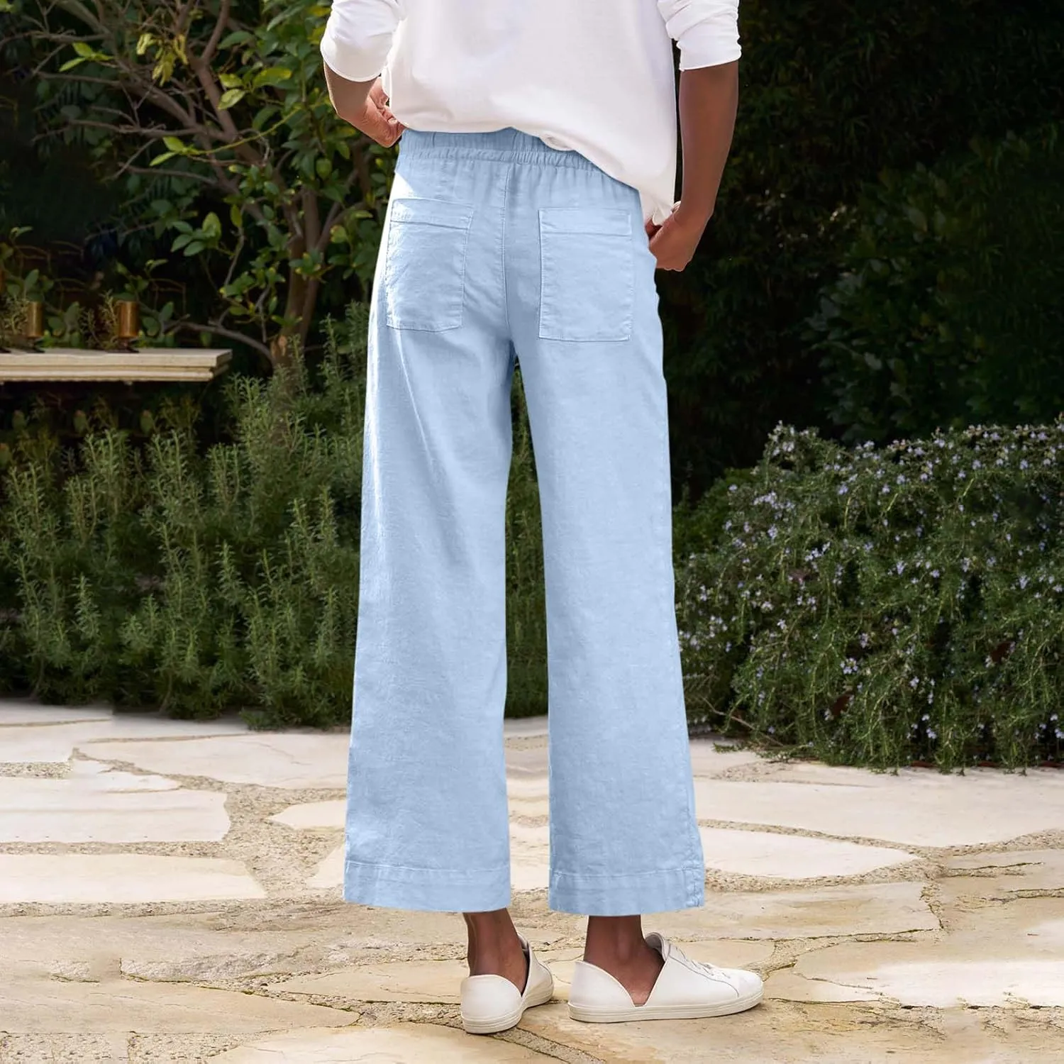 Cropped Wide Leg Linen Pants Women Summer Comfy Baggy High Waisted Casaul Flowy Beach Pants Trousers with Pockets