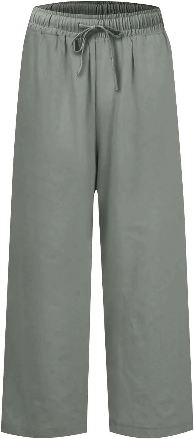 Cropped Wide Leg Linen Pants Women Summer Comfy Baggy High Waisted Casaul Flowy Beach Pants Trousers with Pockets