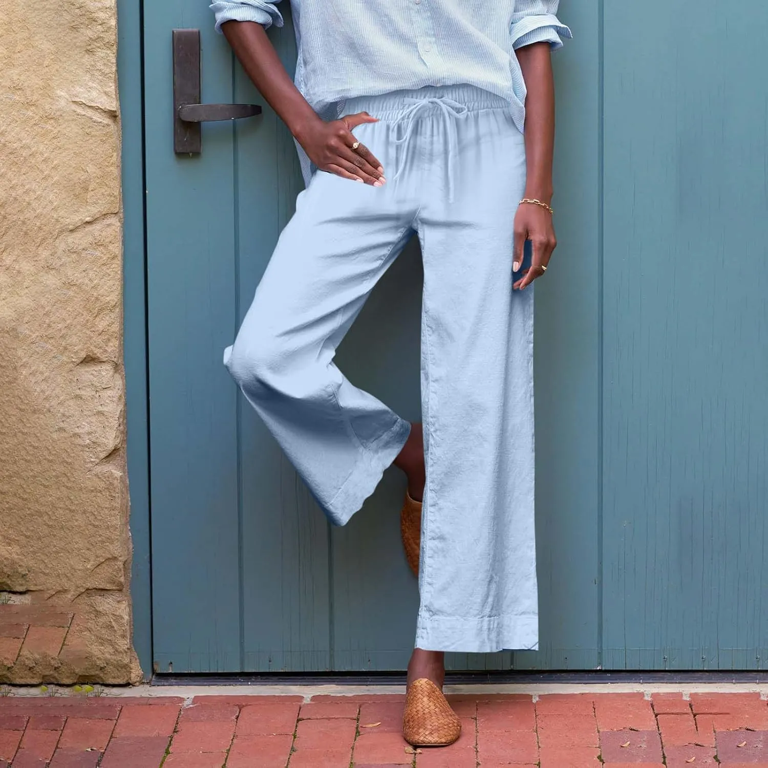 Cropped Wide Leg Linen Pants Women Summer Comfy Baggy High Waisted Casaul Flowy Beach Pants Trousers with Pockets