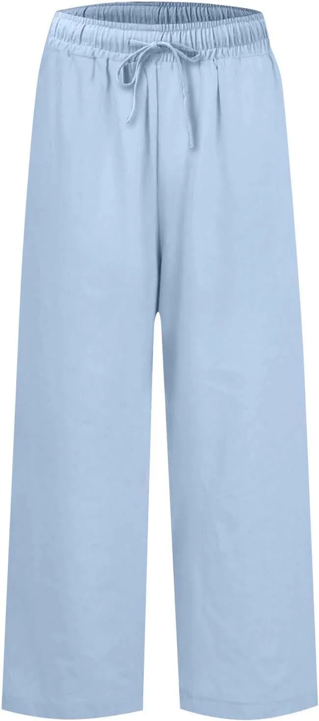 Cropped Wide Leg Linen Pants Women Summer Comfy Baggy High Waisted Casaul Flowy Beach Pants Trousers with Pockets