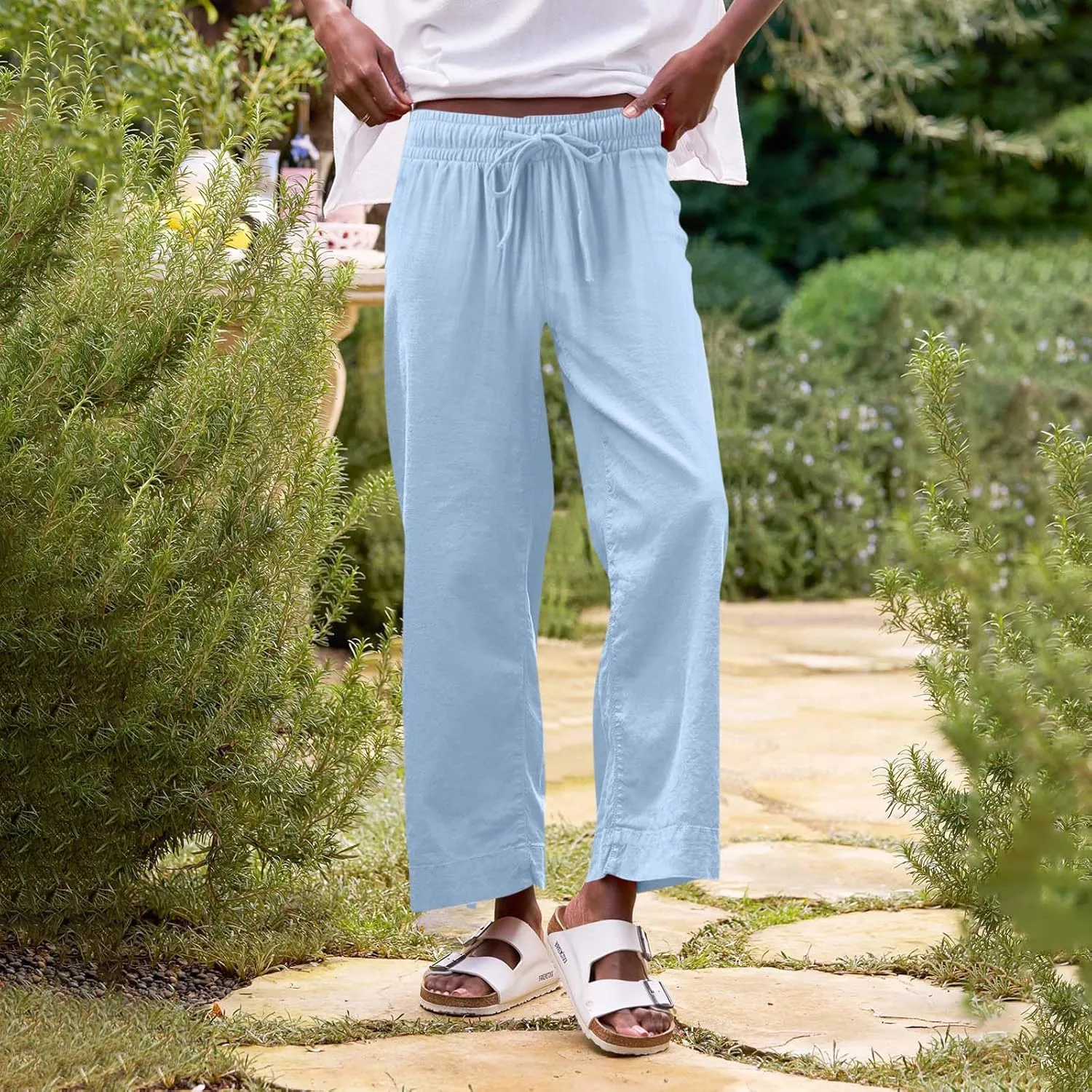 Cropped Wide Leg Linen Pants Women Summer Comfy Baggy High Waisted Casaul Flowy Beach Pants Trousers with Pockets