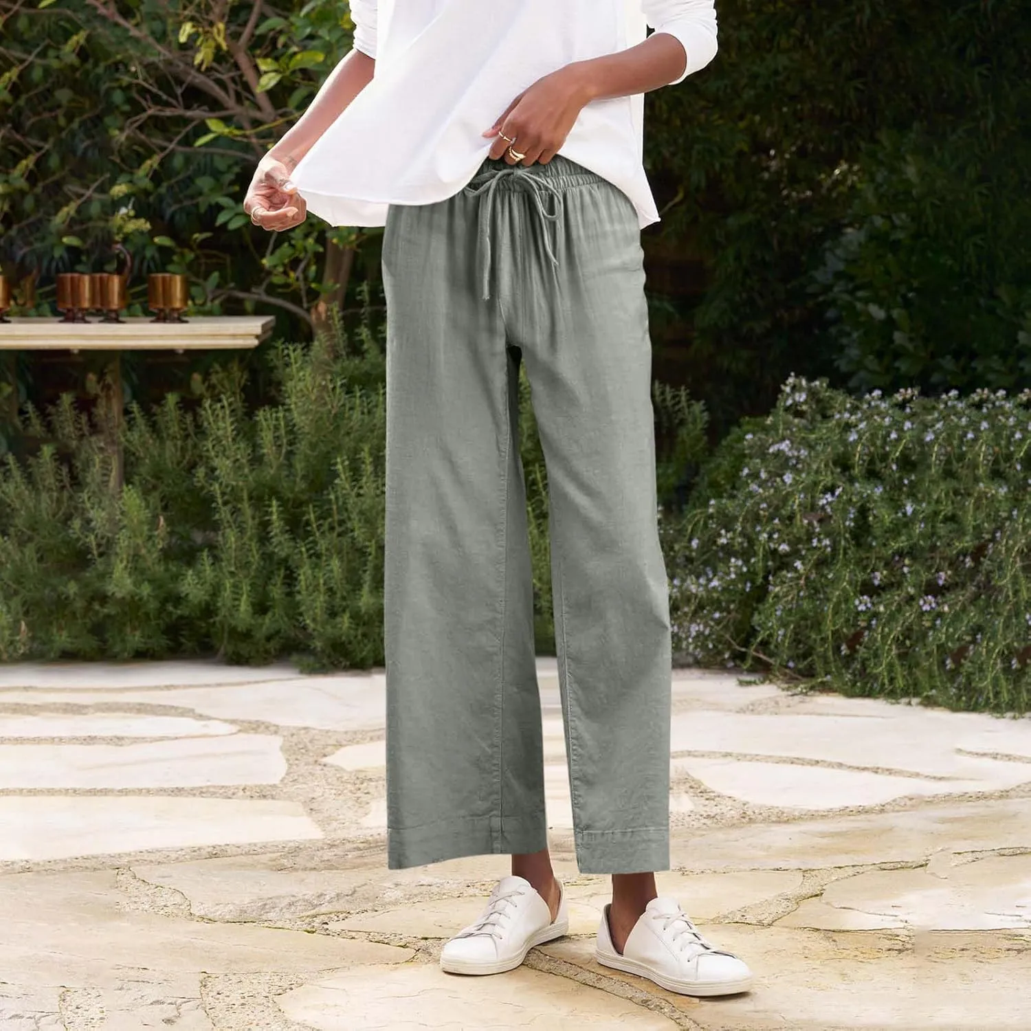 Cropped Wide Leg Linen Pants Women Summer Comfy Baggy High Waisted Casaul Flowy Beach Pants Trousers with Pockets