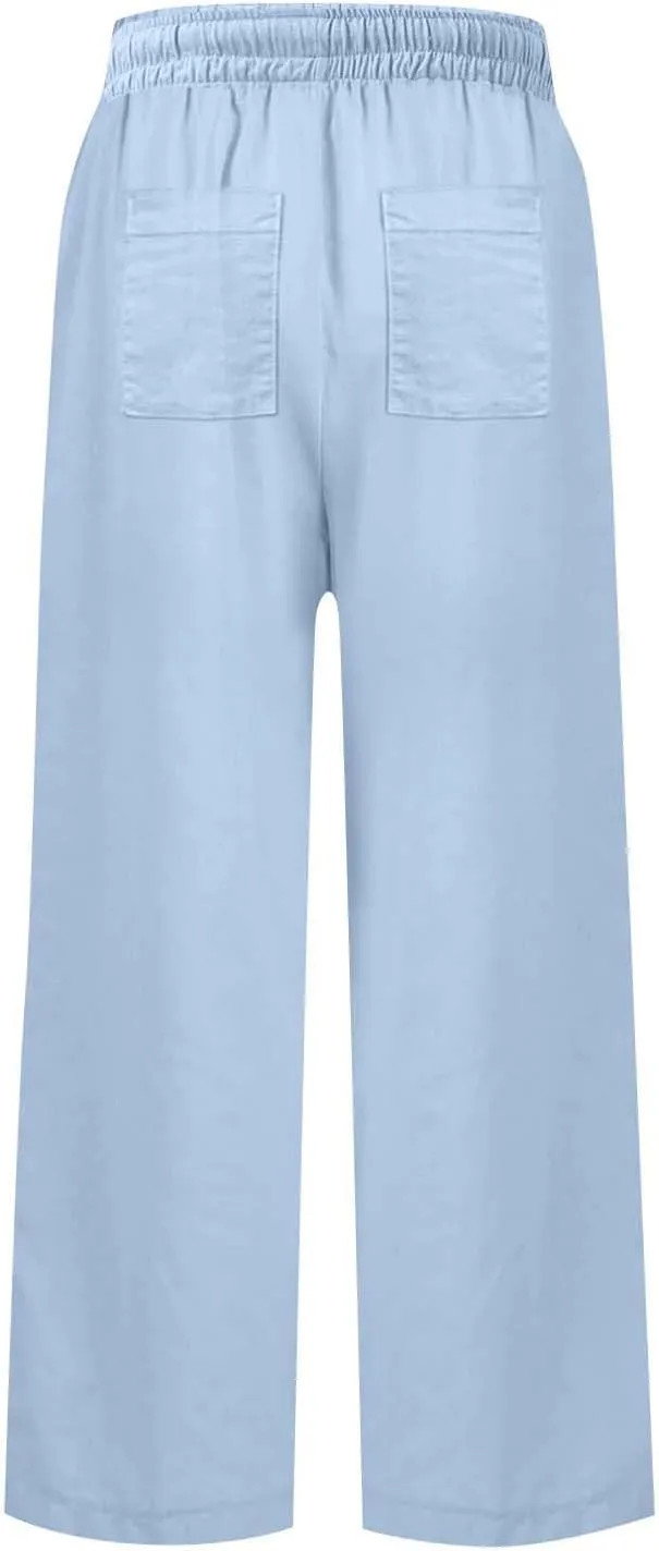 Cropped Wide Leg Linen Pants Women Summer Comfy Baggy High Waisted Casaul Flowy Beach Pants Trousers with Pockets