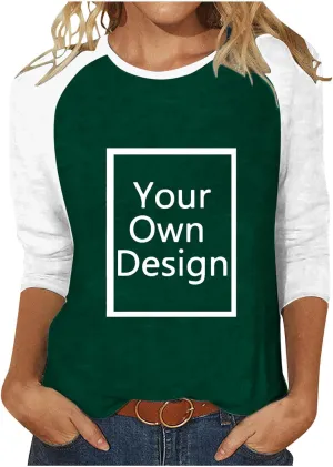 Custom Shirt, Your Own Design Text/Photo/Image/Logo Women Printed Tshirt Patchwork 3/4 Sleeve Blouse Tops