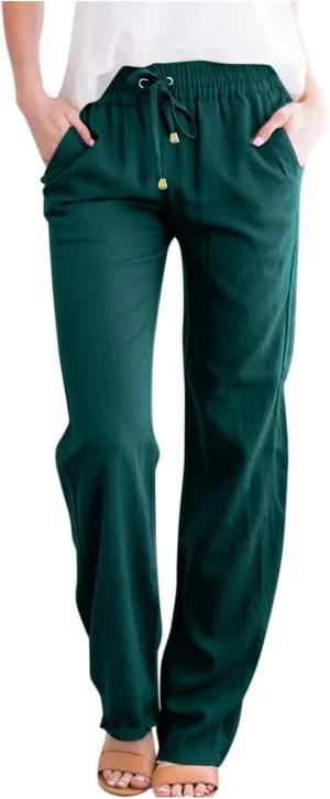 Deals of The Day Clearance Prime,Womens Casual Summer Pants 2024 Straight Leg Drawstring Elastic High Waist Cotton Linen Pants Loose Comfy Trousers