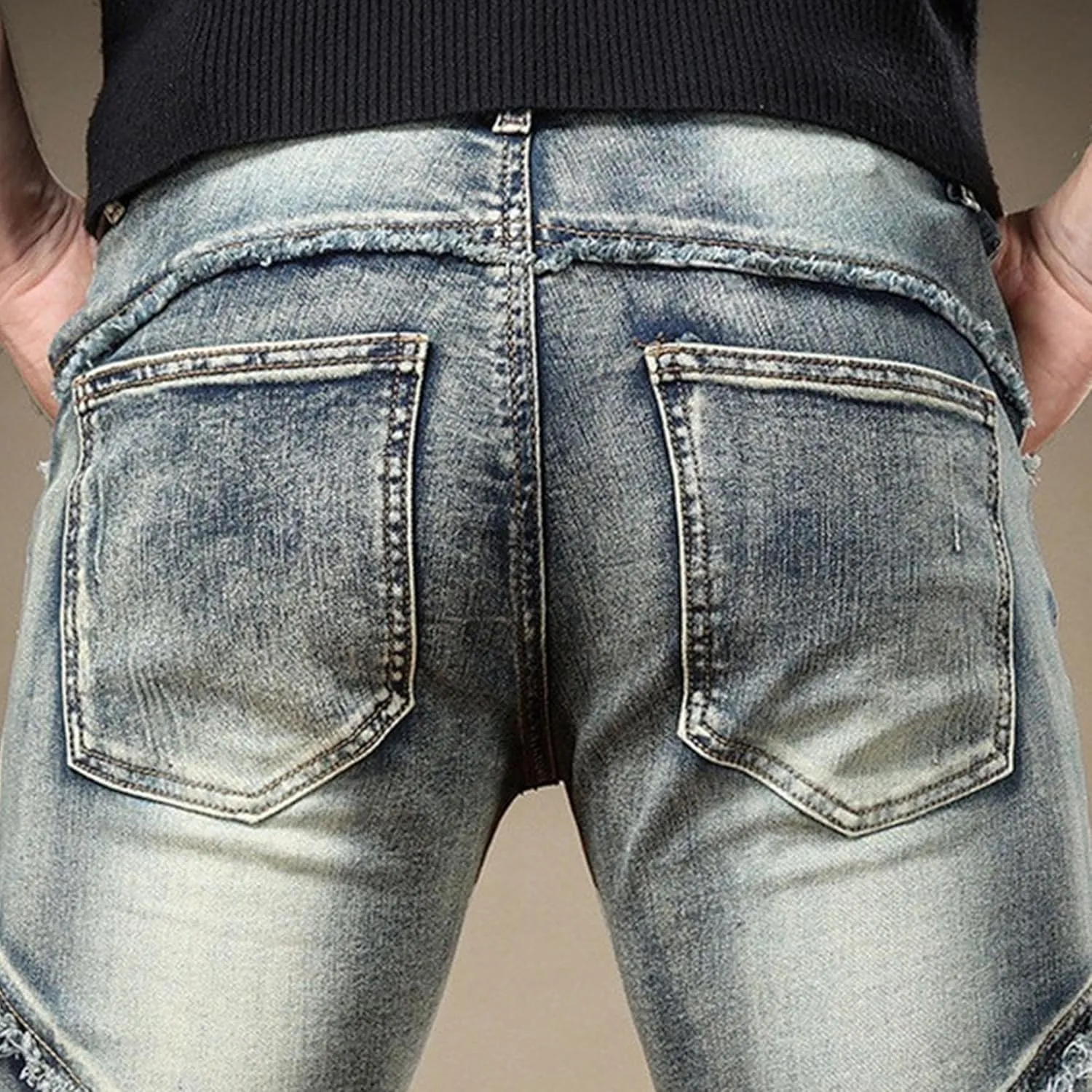 DGHM-JLMY Men's Patch Ripped Regular Fit Stretch Jeans Biker Moto Washed Distressed Slim Fit Straight Jeans Denim Pants
