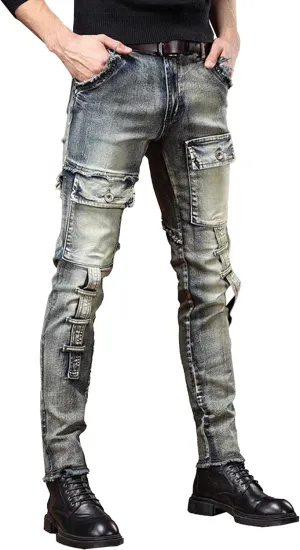 DGHM-JLMY Men's Patch Ripped Regular Fit Stretch Jeans Biker Moto Washed Distressed Slim Fit Straight Jeans Denim Pants