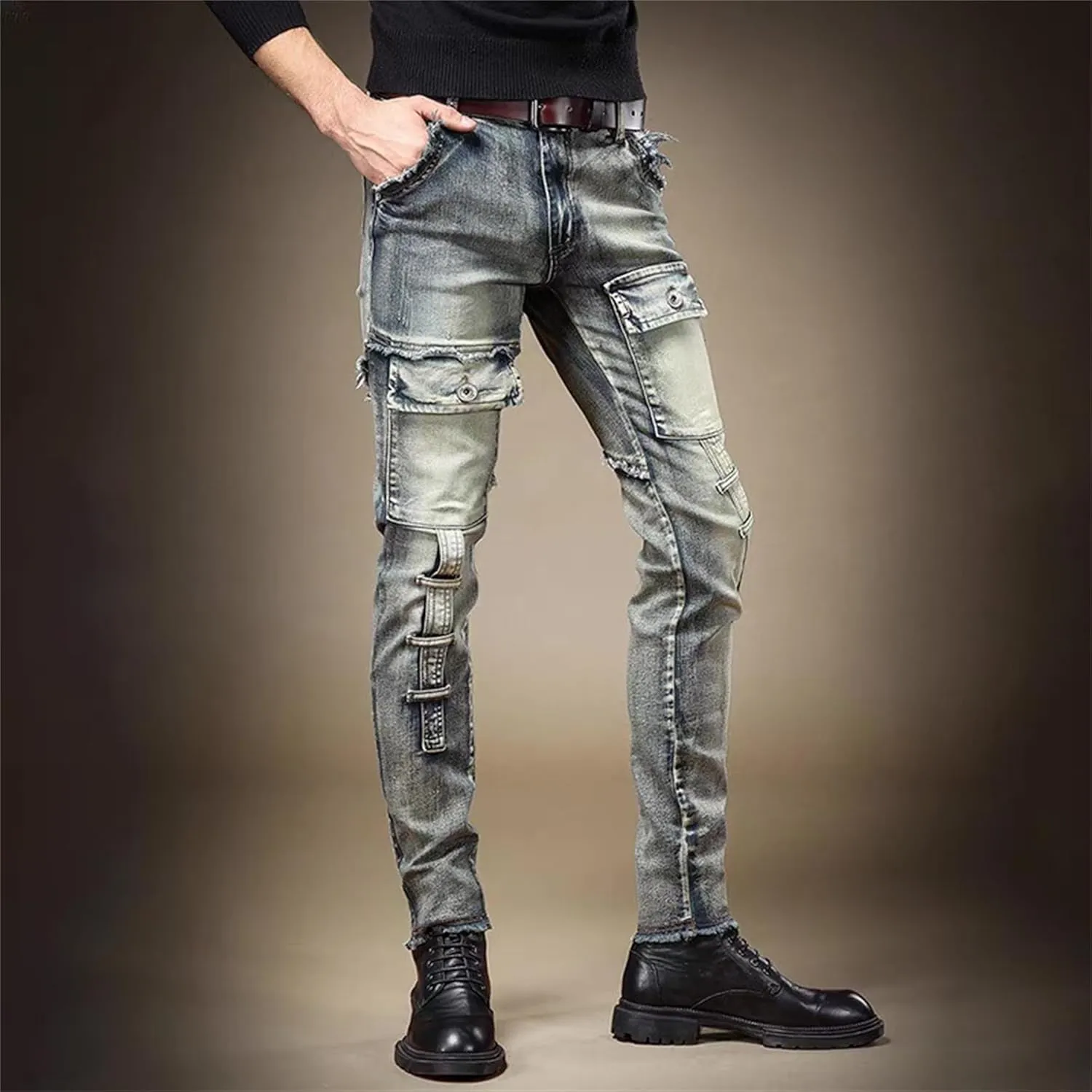 DGHM-JLMY Men's Patch Ripped Regular Fit Stretch Jeans Biker Moto Washed Distressed Slim Fit Straight Jeans Denim Pants