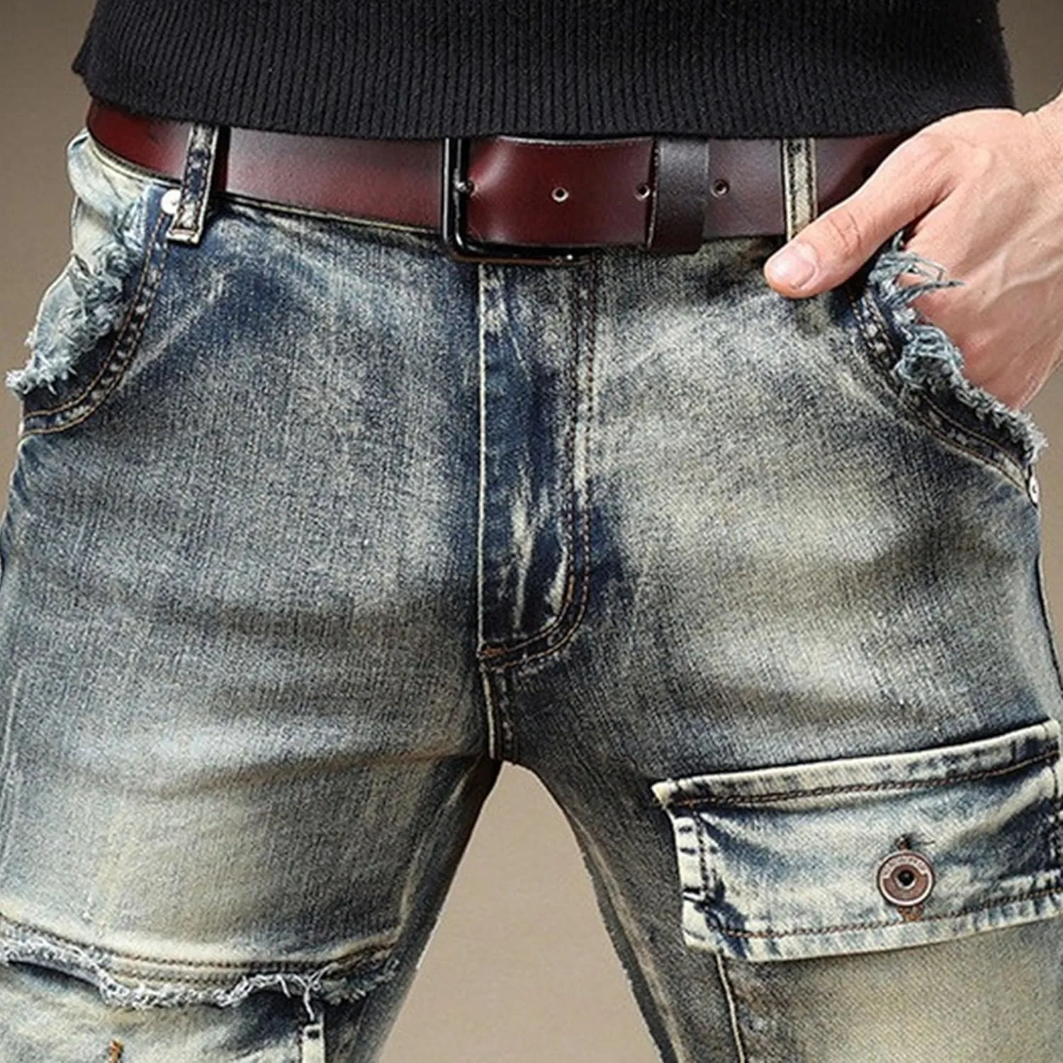 DGHM-JLMY Men's Patch Ripped Regular Fit Stretch Jeans Biker Moto Washed Distressed Slim Fit Straight Jeans Denim Pants