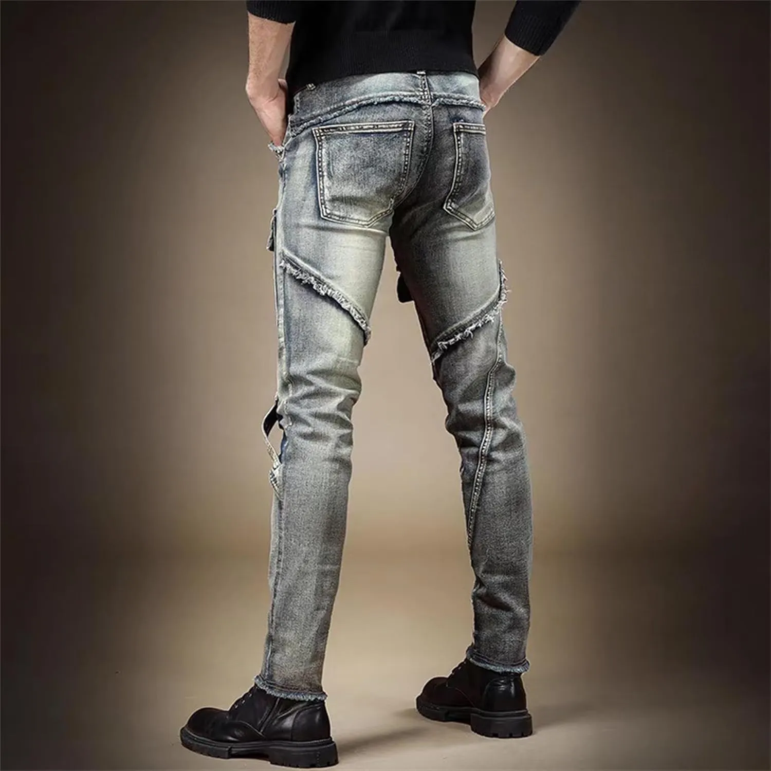 DGHM-JLMY Men's Patch Ripped Regular Fit Stretch Jeans Biker Moto Washed Distressed Slim Fit Straight Jeans Denim Pants
