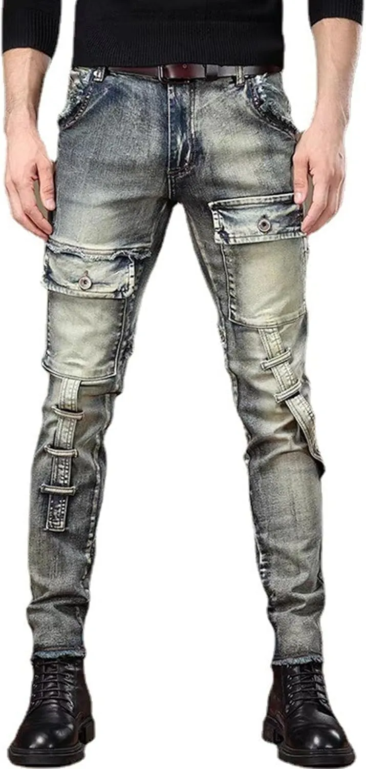 DGHM-JLMY Men's Patch Ripped Regular Fit Stretch Jeans Biker Moto Washed Distressed Slim Fit Straight Jeans Denim Pants