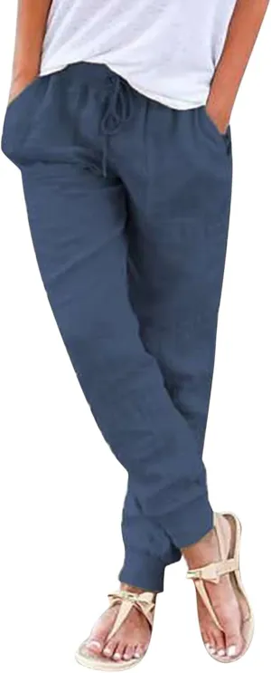 Elastic Waist Pants For Women Loose Cinch Bottom Cotton Linen Summer Plain Trousers Lounge Tapered Pants with Pockets