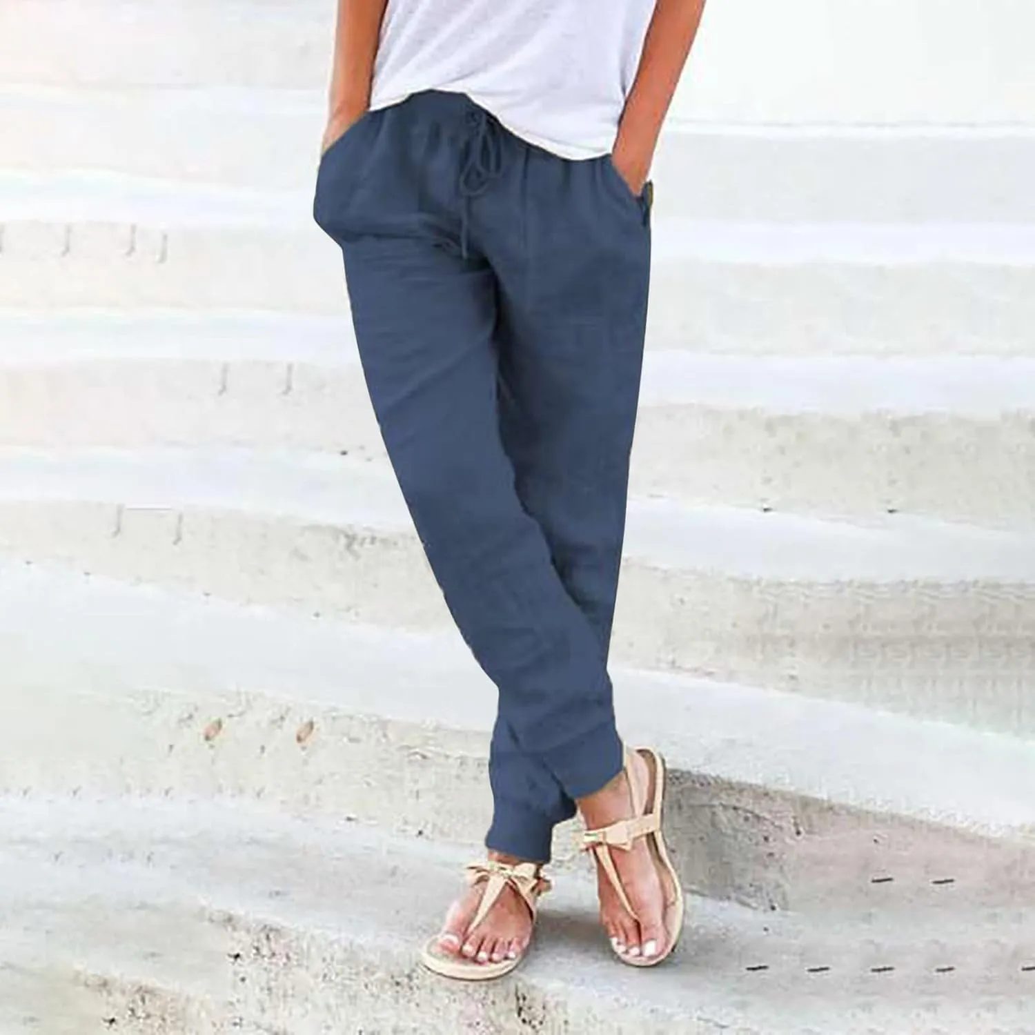 Elastic Waist Pants For Women Loose Cinch Bottom Cotton Linen Summer Plain Trousers Lounge Tapered Pants with Pockets