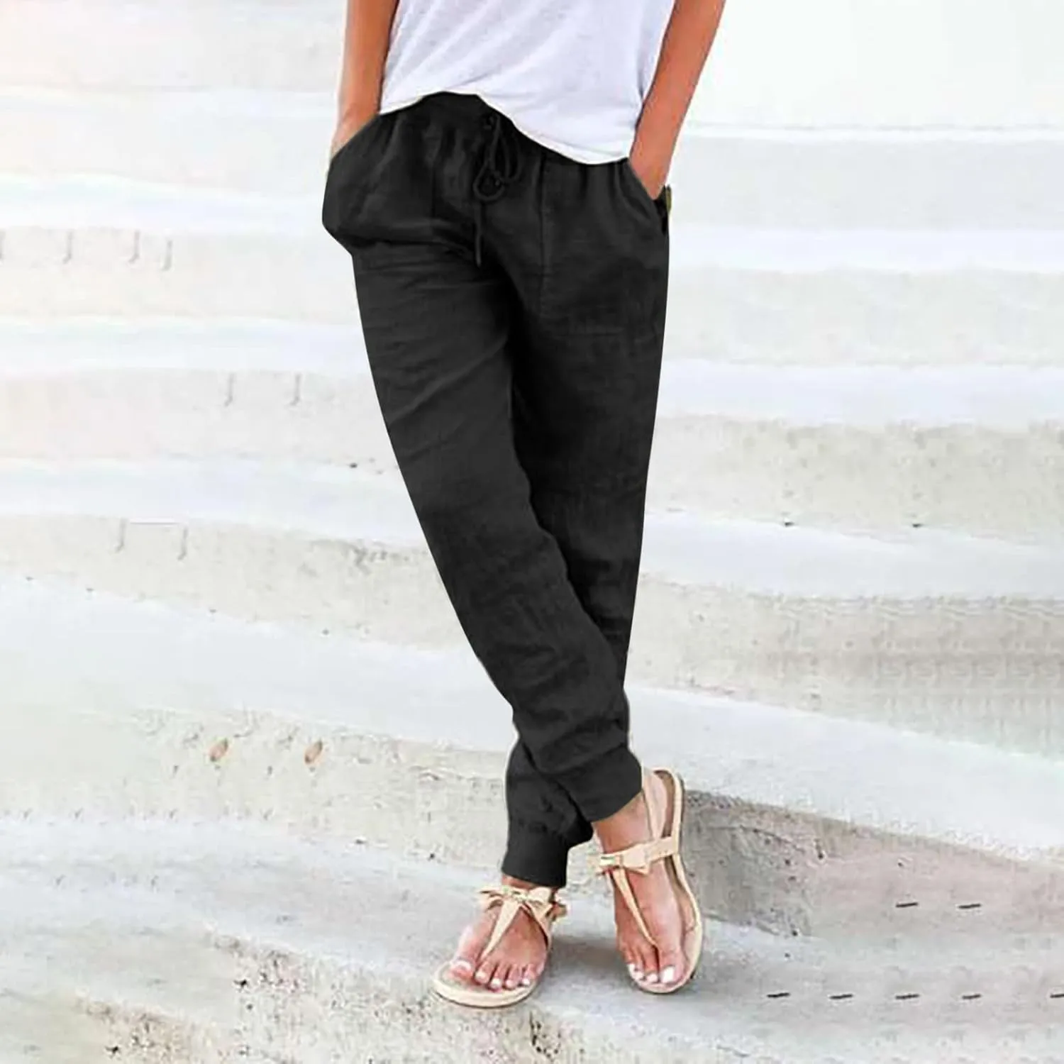 Elastic Waist Pants For Women Loose Cinch Bottom Cotton Linen Summer Plain Trousers Lounge Tapered Pants with Pockets