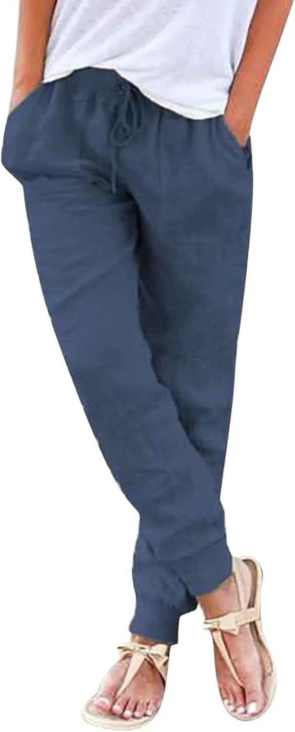 Elastic Waist Pants For Women Loose Cinch Bottom Cotton Linen Summer Plain Trousers Lounge Tapered Pants with Pockets
