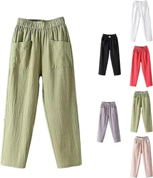 Endurancte Women's Loose Pants, Infinitne Fast Dry High Waist Cotton Trouser Cropped Solid Straight Wide Leg with Pockets