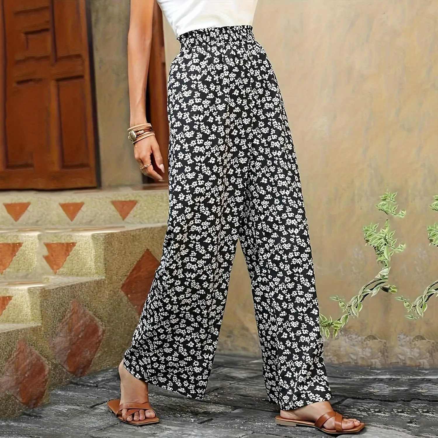 Fall Women High Waist Pants Fashion Loose Straight Pants Daily Pants Casual Printed Wide Leg Trousers Pants