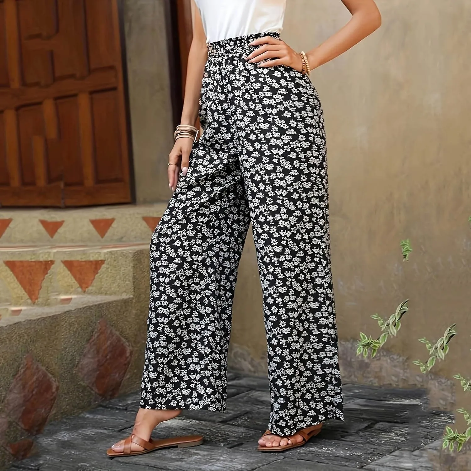 Fall Women High Waist Pants Fashion Loose Straight Pants Daily Pants Casual Printed Wide Leg Trousers Pants
