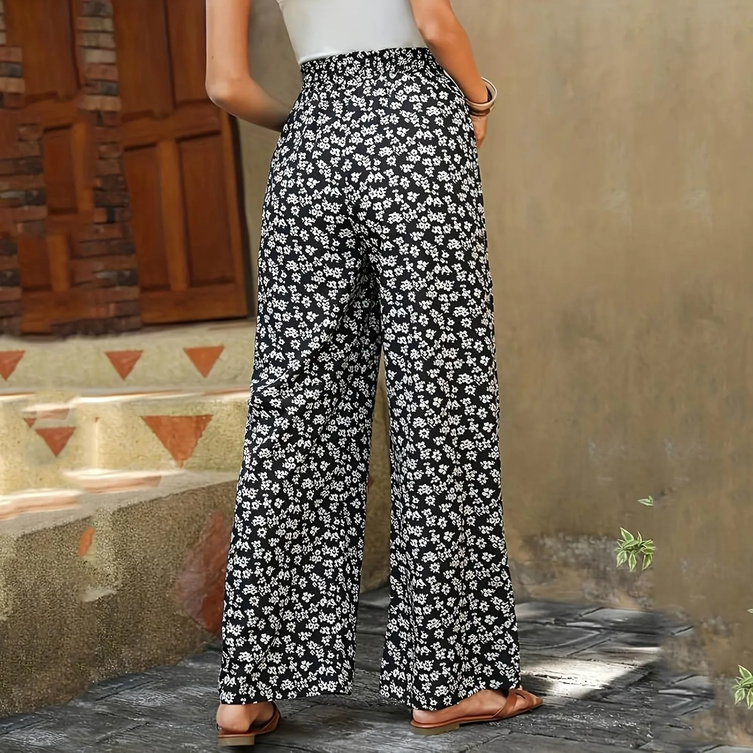 Fall Women High Waist Pants Fashion Loose Straight Pants Daily Pants Casual Printed Wide Leg Trousers Pants