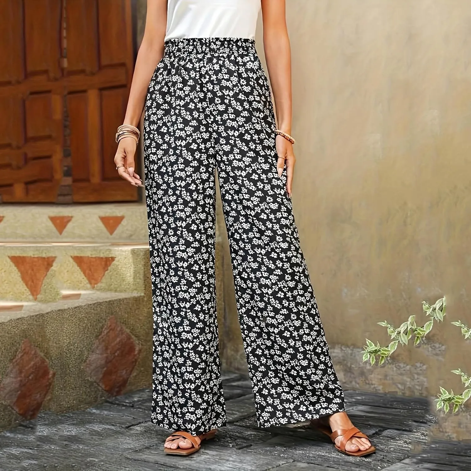Fall Women High Waist Pants Fashion Loose Straight Pants Daily Pants Casual Printed Wide Leg Trousers Pants