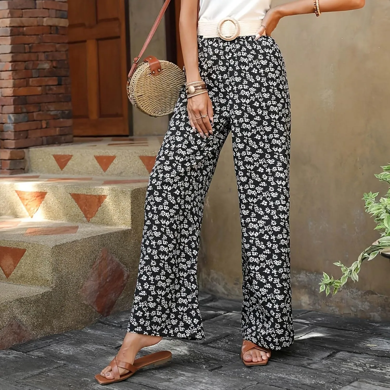 Fall Women High Waist Pants Fashion Loose Straight Pants Daily Pants Casual Printed Wide Leg Trousers Pants