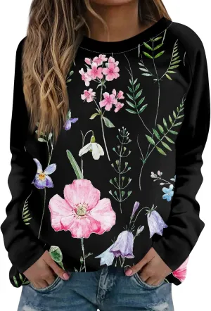 Fall Womens Clothes 2024 Floral Print Crewneck Cute Sweatshirt Long Sleeve Oversized Basics Clothes Clothing