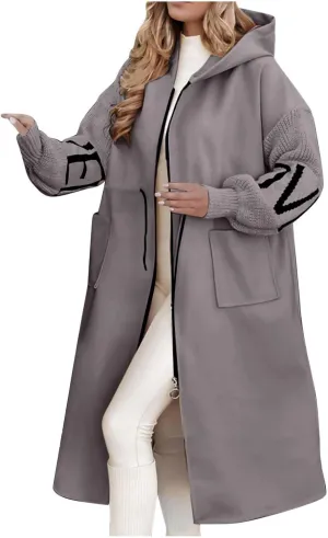 FZVYD Women's Hooded Long Sleeve Knitted Sleeves Patchwork Casual Jacket 2024 Winter Casual Coats Zip Up Mid Long Overcoat