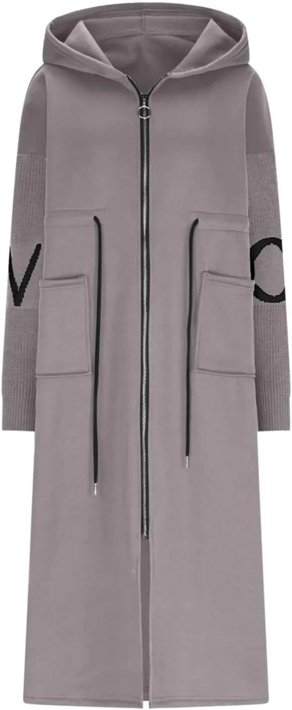 FZVYD Women's Hooded Long Sleeve Knitted Sleeves Patchwork Casual Jacket 2024 Winter Casual Coats Zip Up Mid Long Overcoat