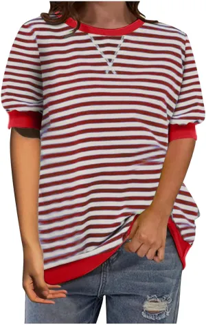Generic Women Oversized Striped Color Block Short Sleeve Tee Top Crew Neck Basic Pullover Blouse Casual Summer T-Shirt