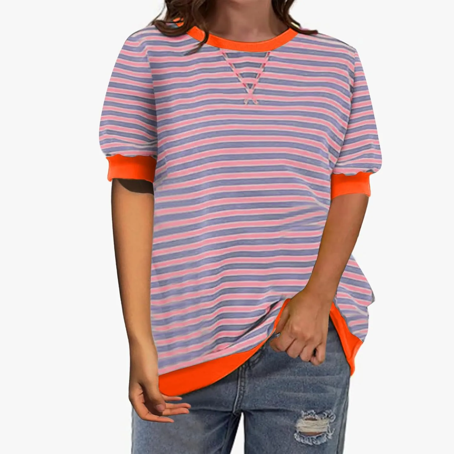 Generic Women Oversized Striped Color Block Short Sleeve Tee Top Crew Neck Basic Pullover Blouse Casual Summer T-Shirt