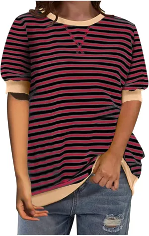 Generic Women Oversized Striped Color Block Short Sleeve Tee Top Crew Neck Basic Pullover Blouse Casual Summer T-Shirt
