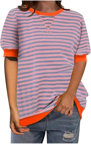 Generic Women Oversized Striped Color Block Short Sleeve Tee Top Crew Neck Basic Pullover Blouse Casual Summer T-Shirt