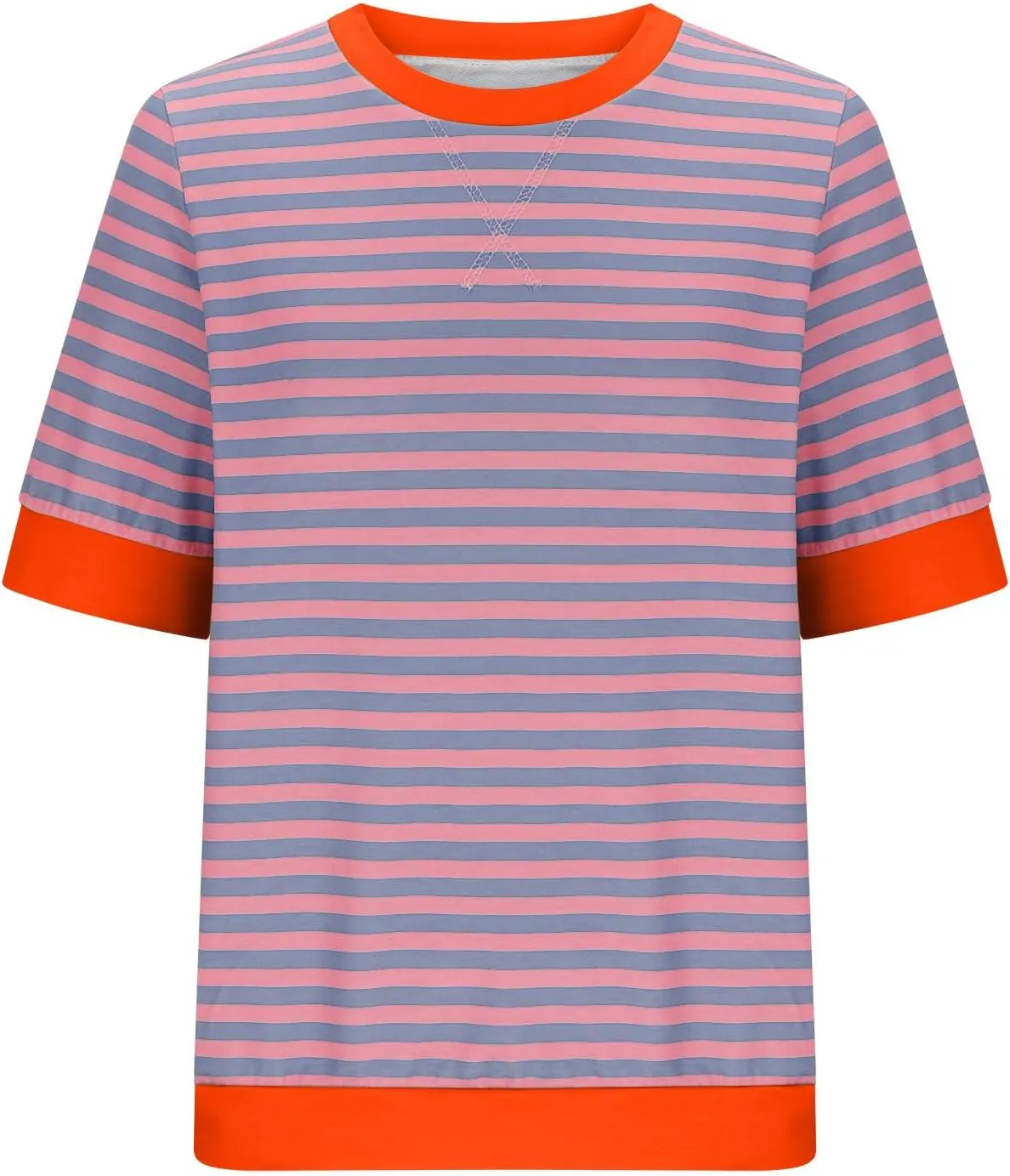 Generic Women Oversized Striped Color Block Short Sleeve Tee Top Crew Neck Basic Pullover Blouse Casual Summer T-Shirt