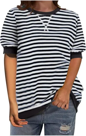 Generic Women Oversized Striped Color Block Short Sleeve Tee Top Crew Neck Basic Pullover Blouse Casual Summer T-Shirt
