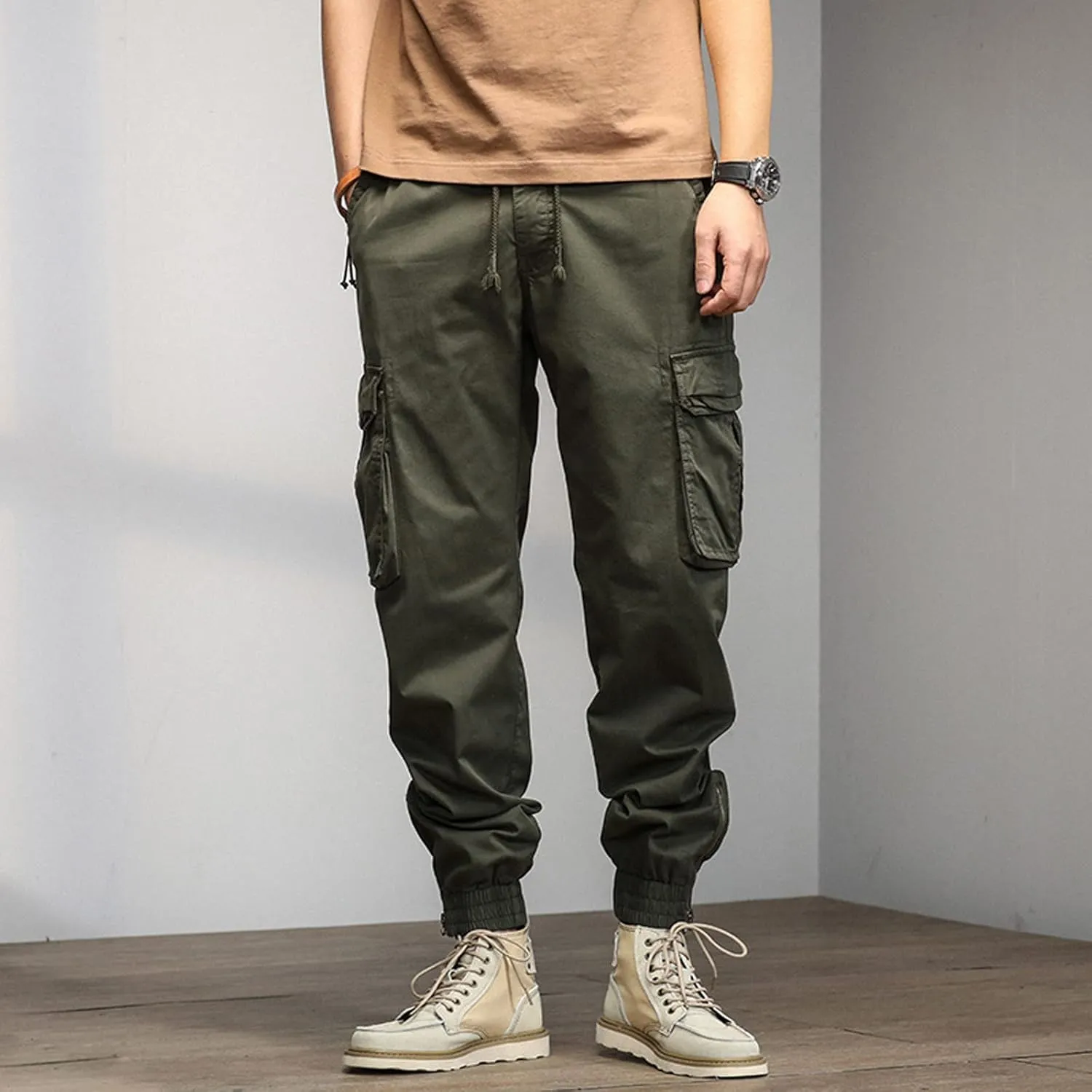 GIERIDUC Men's Essentials Fleece Sweatpants Mens Relaxed Fit Khaki Pants Tactical Work Pants for Men Olive Green Chino Pants