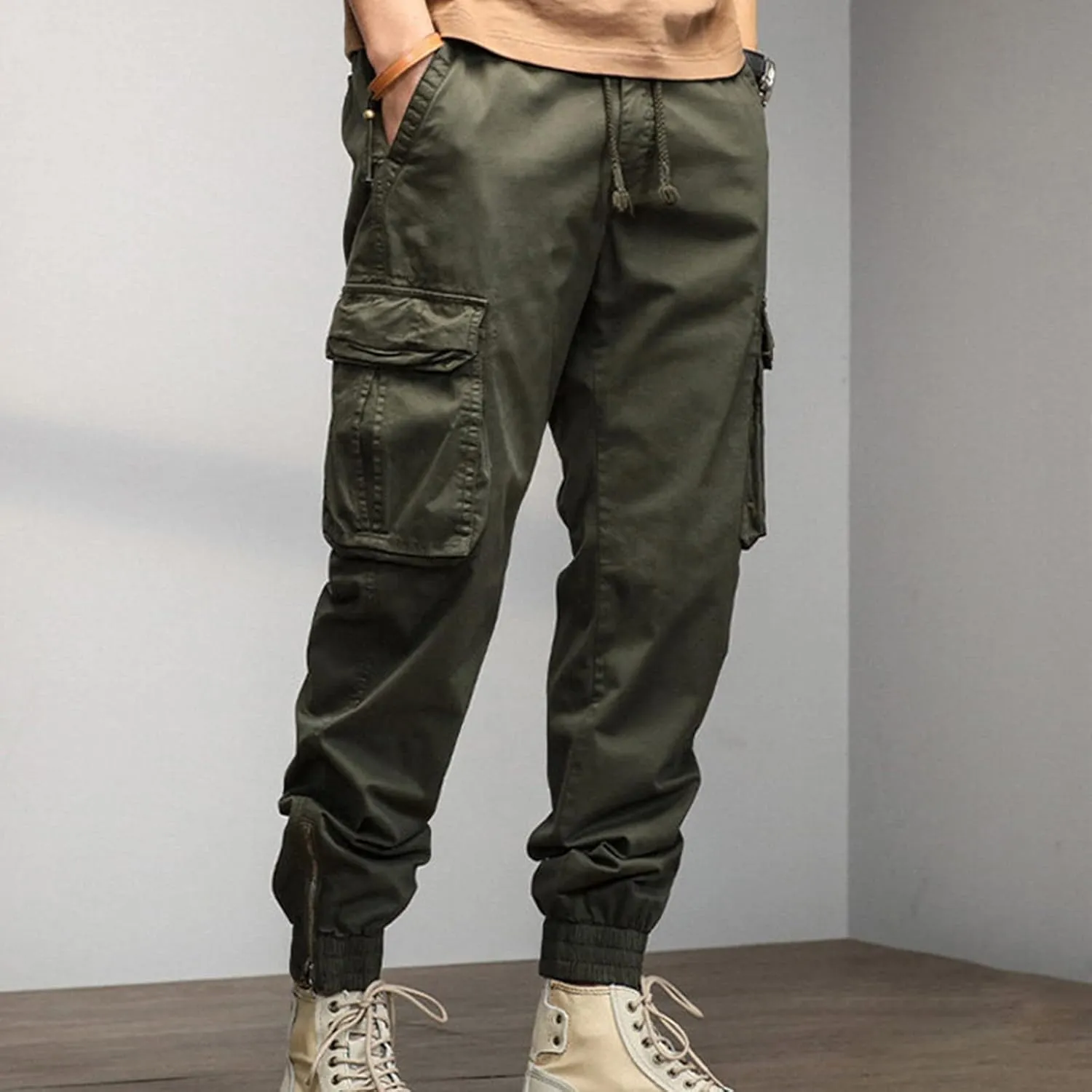 GIERIDUC Men's Essentials Fleece Sweatpants Mens Relaxed Fit Khaki Pants Tactical Work Pants for Men Olive Green Chino Pants