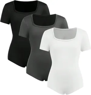 Girl's 3 Pack Square Neck Short Sleeve Bodysuit Tops Slim Fit Leotard Basic Tees Tops for Girls