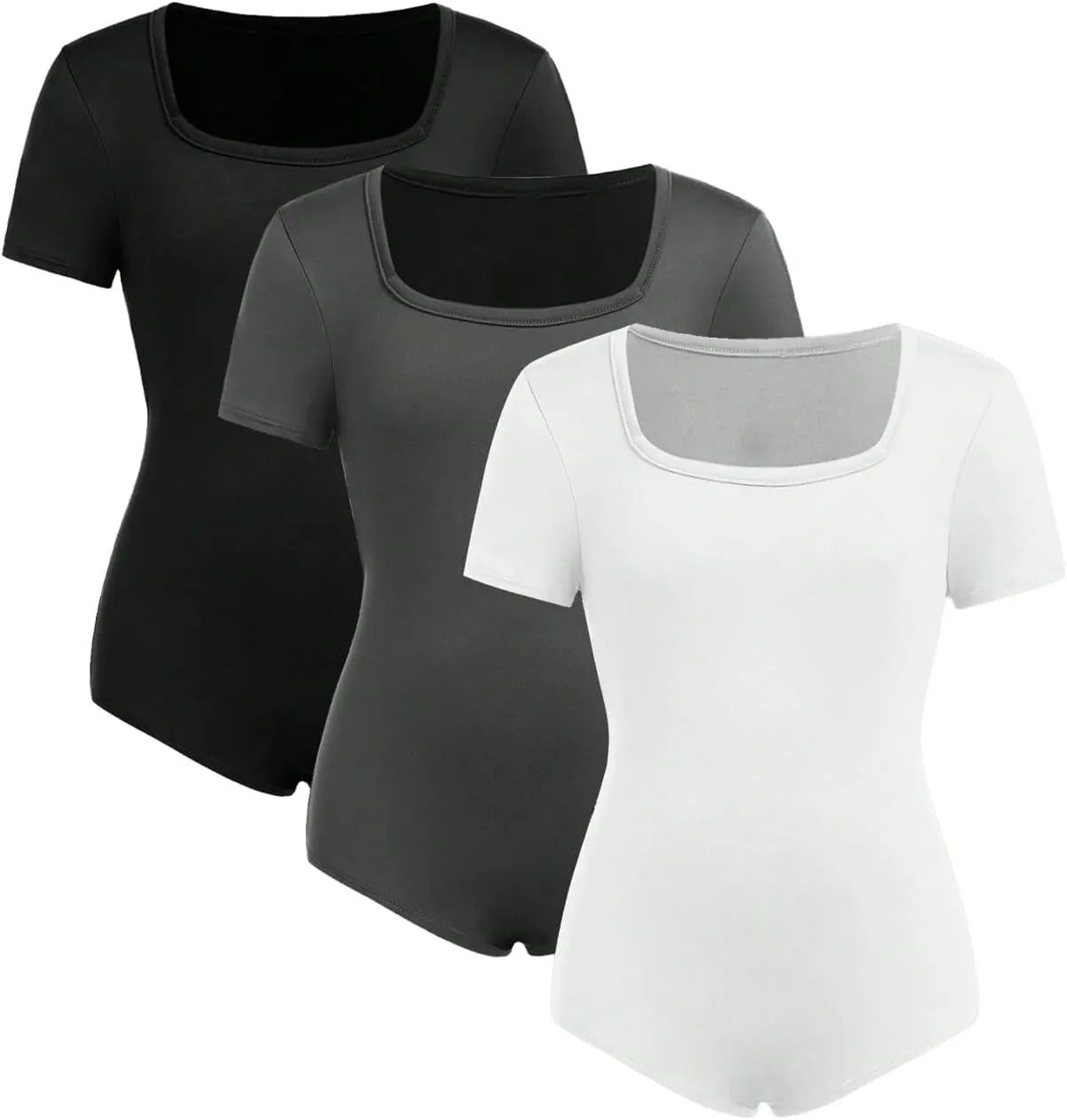 Girl's 3 Pack Square Neck Short Sleeve Bodysuit Tops Slim Fit Leotard Basic Tees Tops for Girls