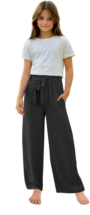 Girls Linen Wide Leg Pants Summer Loose Comfy Flowy Lounge Trousers Kids Solid Lightweight Belted Pants with Pockets
