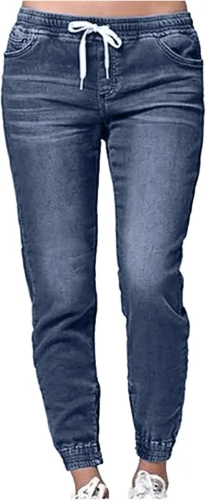 GOKKILRW Jeans Joggers for Women High Waisted Drawstring Elastic Waist Pull On Distressed Stretch Denim Pants Plus Size