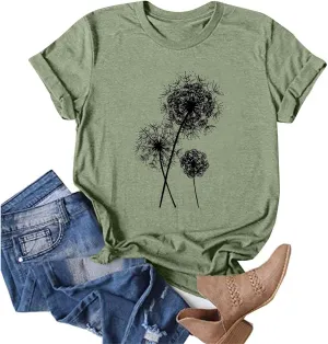 Graphic Tees for Women 2025 Summer Vintage Dandelion Printed Crew Neck Short Sleeve Shirt Plus Size Workout Blouse
