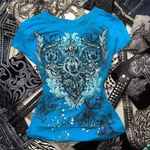 Grunge Shirts Emo Clothes Teen Girls Vintage Graphic Tee Y2k 2000s Goth Top Women Mcbling Short Sleeve Streetwear