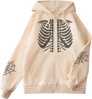 Halloween Mens Zip Up Hoodie Skeleton Graphic Print Oversized Long Sleeve Jacket Teens Preppy Loose Casual Pullover