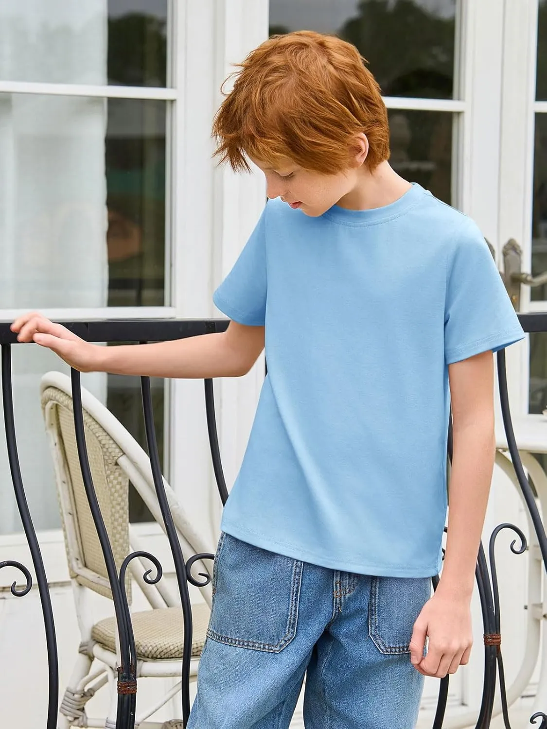 Haloumoning Boys T-Shirts Kids Short Sleeve Crewneck Solid Basic Tees Casual Tops 5-14 Years